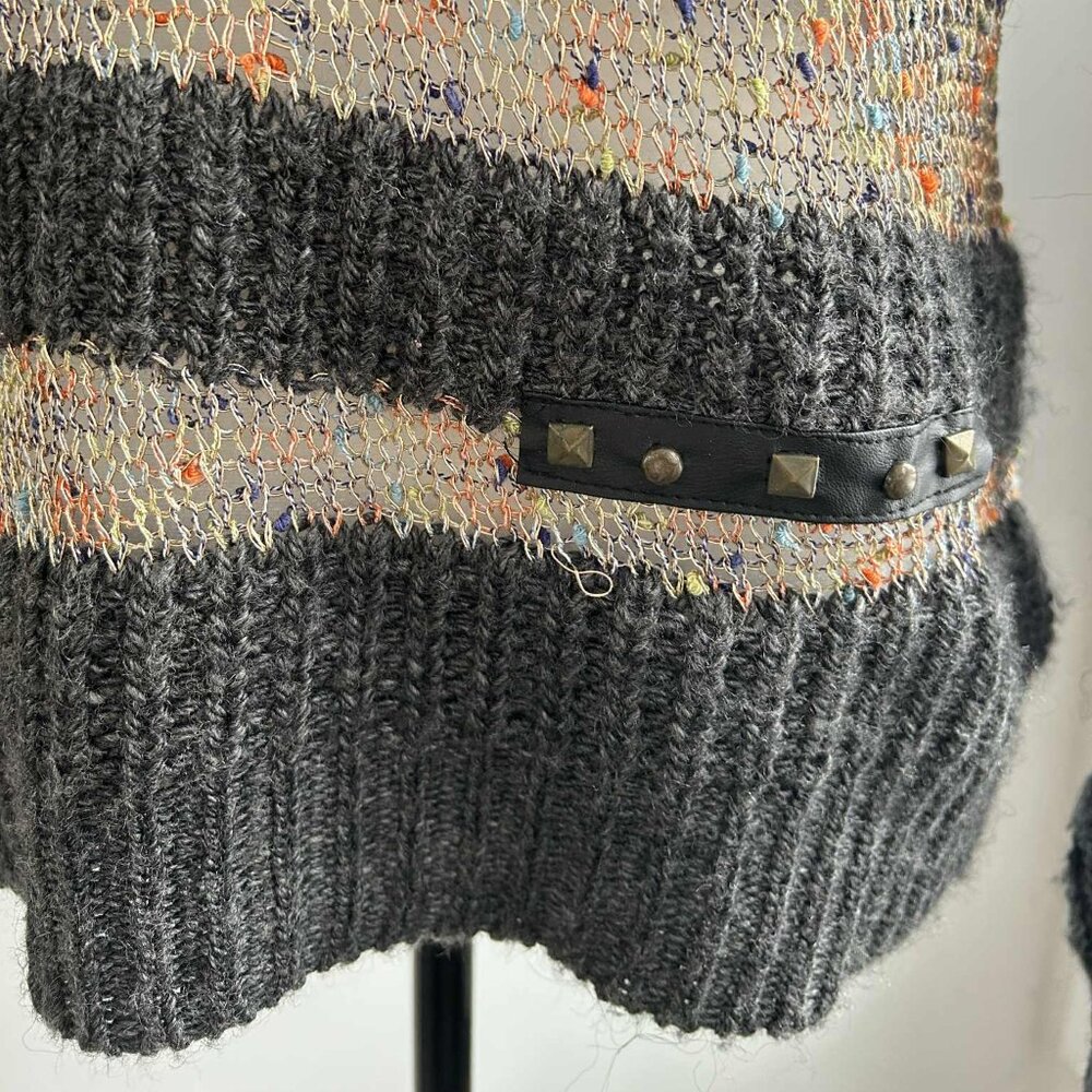 Tricotto Charcoal & Metallic Open-Knit Stripe Sweater w/ Shoulder Zippers - US M - Picture 10 of 16